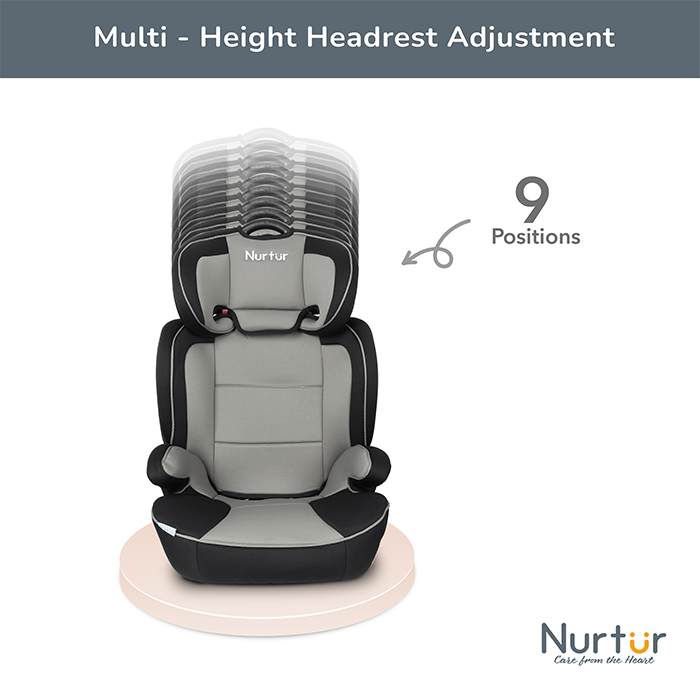 Nurtur Jupiter Baby/Kids 3-in-1 Car Seat + Booster Seat - Adjustable Backrest - Extra Protection - 5-Point Safety Harness - 9 months to 12 years (Group 1/2/3), Upto 36kg - Grey Multi