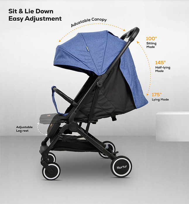 Nurtur Bravo Baby/Kids Travel Stroller 0 36 months, Storage Basket, Detachable Bumper, 5 Point Safety Harness, Compact Foldable Design, Blue