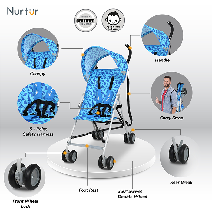 Nurtur Rex Lightweight Stroller – Compact Fold, Sun Canopy, Shoulder Strap, Airflow Design, Portable Buggy for Toddlers 6-36 Months, Easy Fold, - Blue