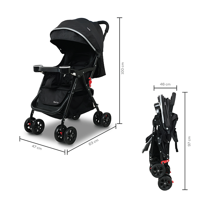 Nurtur Bliss Ultra Compact Lightweight Baby Travel Stroller with Storage Basket, Detachable Food Tray, Reclining Seat and Leg Rest, 0-36 Months, Black