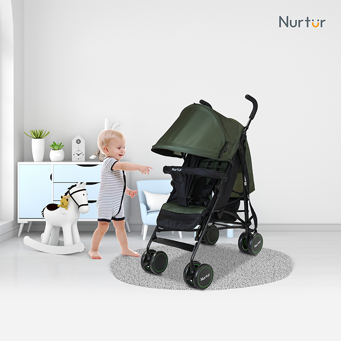 Nurtur Archer Baby/Kids Lightweight Travel Stroller 0 36 Months, Storage Basket, Detachable Bumper, 5 Point Safety Harness, Compact Design, Dark Green