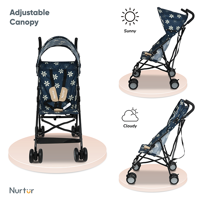 Nurtur Rex Lightweight Stroller – Compact Fold, Sun Canopy, Shoulder Strap, Airflow Design, Portable Buggy for Toddlers 6-36 Months, Easy Fold, - Navy / Brown