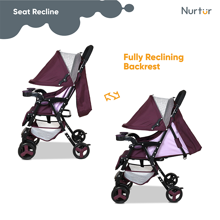 Nurtur Ryder Ultra Compact Lightweight Baby Travel Stroller with Storage Basket, Detachable Food Tray, Reclining Seat and Leg Rest, 0-36 Months, , Burgundy Printed