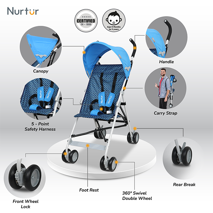 Nurtur Rex Lightweight Stroller – Compact Fold, Sun Canopy, Shoulder Strap, Airflow Design, Portable Buggy for Toddlers 6-36 Months, Easy Fold, - Blue / Black