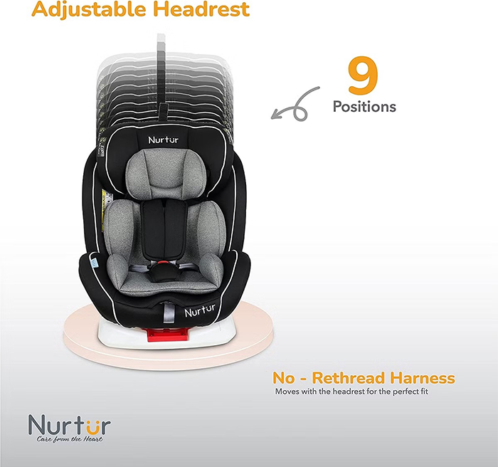 Nurtur Ultra Baby/Kids 4-in-1 Car Seat - 360° Rotation - ISOFIX – 9-Level Adjustable Headrest and Canopy - 0 months to 12 years (Group 0+/1/2/3), Upto 36kg - Grey Multi