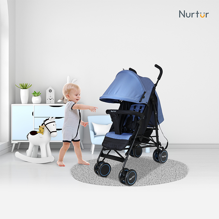 Nurtur Archer Baby/Kids Lightweight Travel Stroller 0 36 Months, Storage Basket, Detachable Bumper, 5 Point Safety Harness, Compact Design, Blue