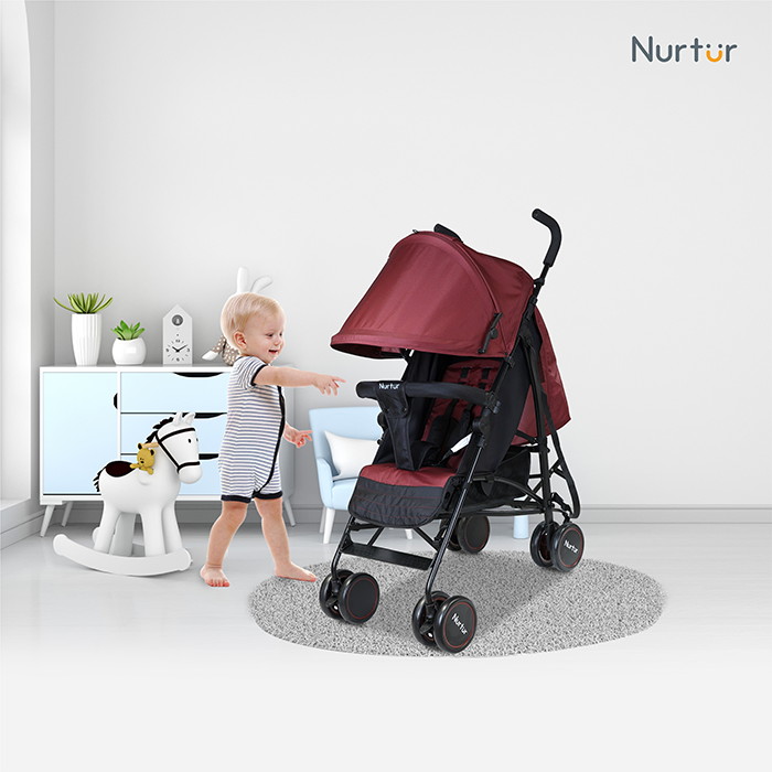 Nurtur Archer Baby/Kids Lightweight Travel Stroller 0 36 Months, Storage Basket, Detachable Bumper, 5 Point Safety Harness, Compact Design, Red