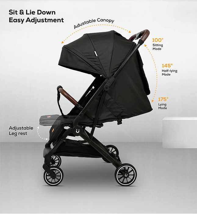 Nurtur Bravo Plus Baby Stroller 0 to 36 months, Storage Basket, Leatherette details, One -hand fold design, 5 Point Safety Harness, EVA wheels - Black