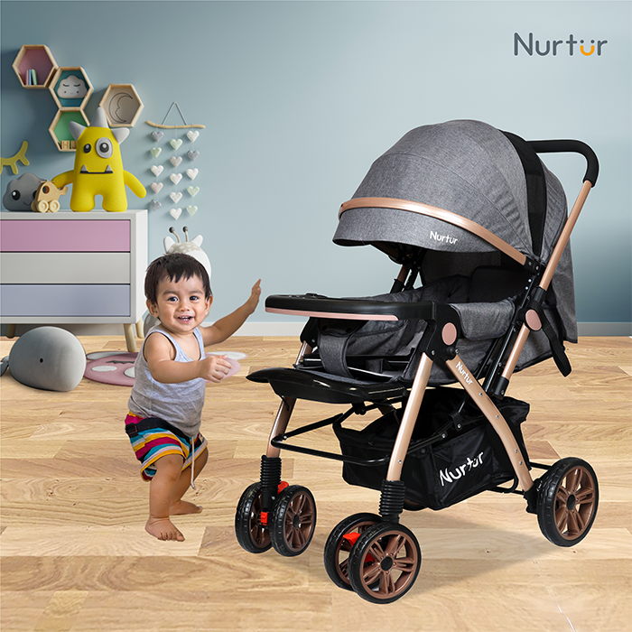 Nurtur Wilder Reversible Baby/Kids Travel Stroller 5 Point Safety Harness, Adjustable Backrest and Canopy, Reversible Handle, Grey