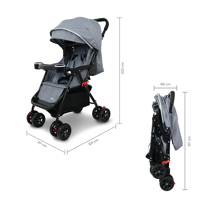 Nurtur Bliss Ultra Compact Lightweight Baby Travel Stroller with Storage Basket, Detachable Food Tray, Reclining Seat and Leg Rest, 0-36 Months, Grey