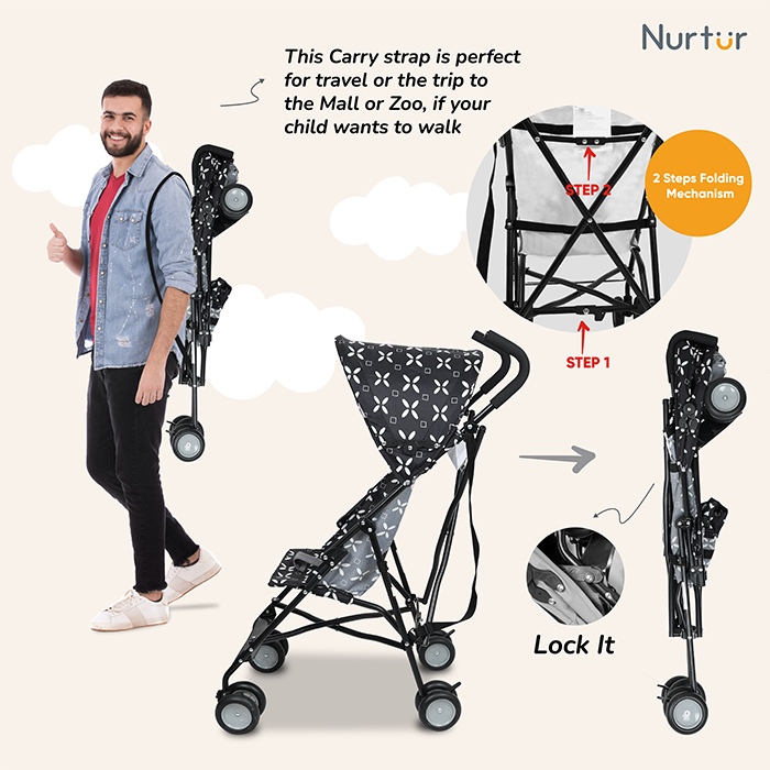 Nurtur Rex Lightweight Stroller – Compact Fold, Sun Canopy, Shoulder Strap, Airflow Design, Portable Buggy for Toddlers 6-36 Months, Easy Fold, - Black / White