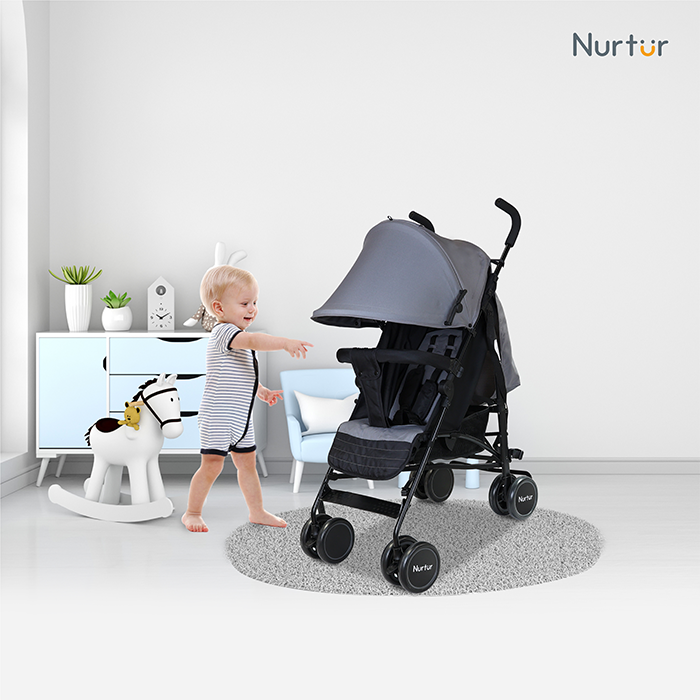 Nurtur Archer Baby/Kids Lightweight Travel Stroller 0 36 Months, Storage Basket, Detachable Bumper, 5 Point Safety Harness, Compact Design, Dark Gray