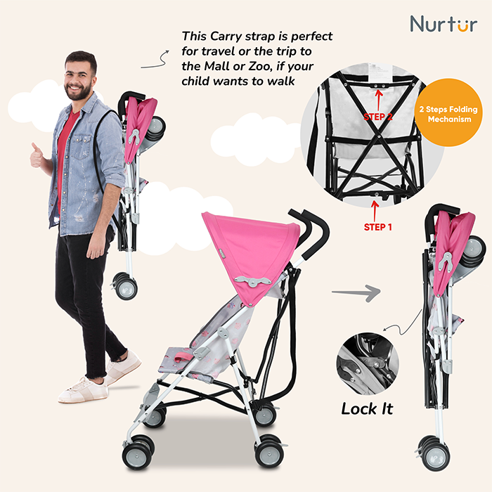 Nurtur Rex Lightweight Stroller – Compact Fold, Sun Canopy, Shoulder Strap, Airflow Design, Portable Buggy for Toddlers 6-36 Months, Easy Fold, - Pink / Grey