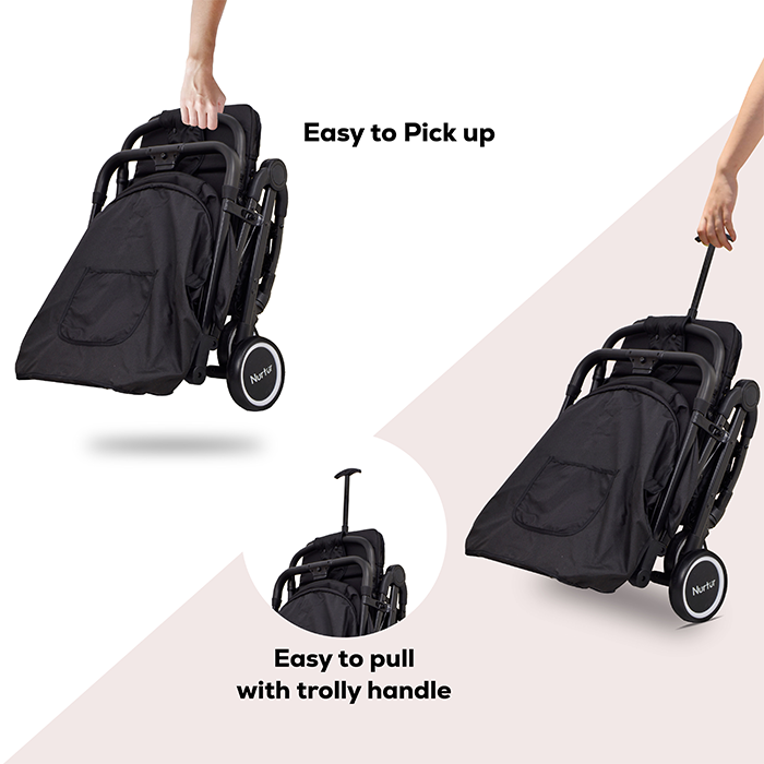 Nurtur Bravo Baby/Kids Travel Stroller 0 36 months, Storage Basket, Detachable Bumper, 5 Point Safety Harness, Compact Foldable Design, Black