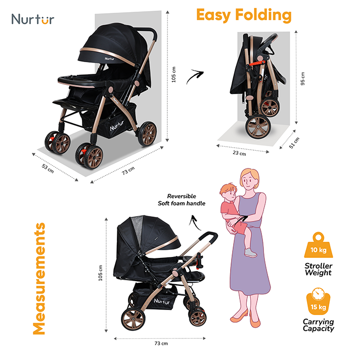 Nurtur Wilder Reversible Reversible Baby/Kids Stroller 5 Point Safety Harness, Adjustable Backrest and Canopy, Reversible Handle, Black