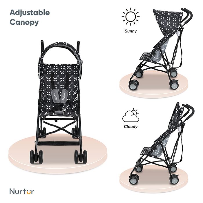 Nurtur Rex Lightweight Stroller – Compact Fold, Sun Canopy, Shoulder Strap, Airflow Design, Portable Buggy for Toddlers 6-36 Months, Easy Fold, - Black / White