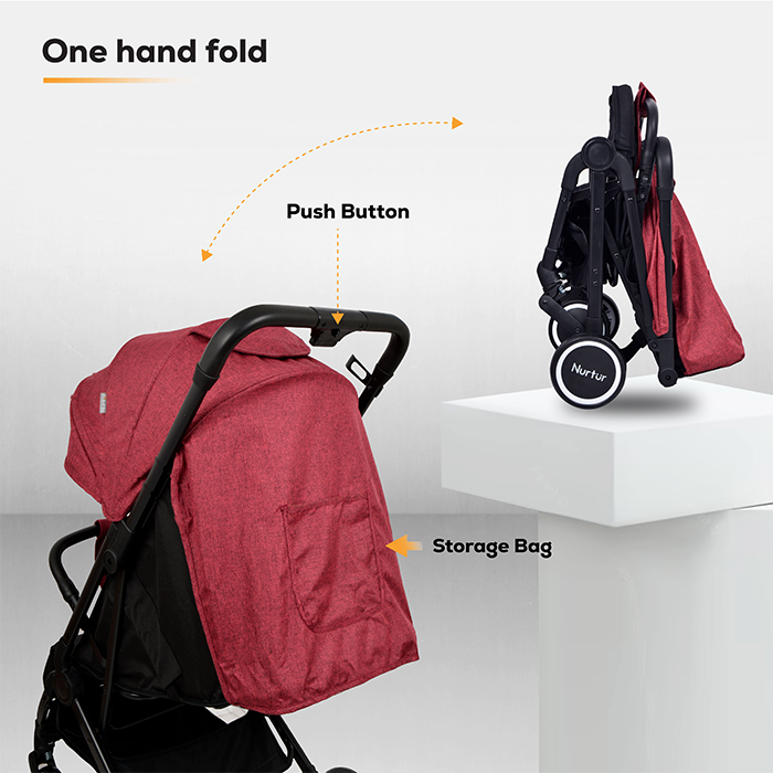 Nurtur Bravo Baby/Kids Travel Stroller 0 36 months, Storage Basket, Detachable Bumper, 5 Point Safety Harness, Compact Foldable Design, Red