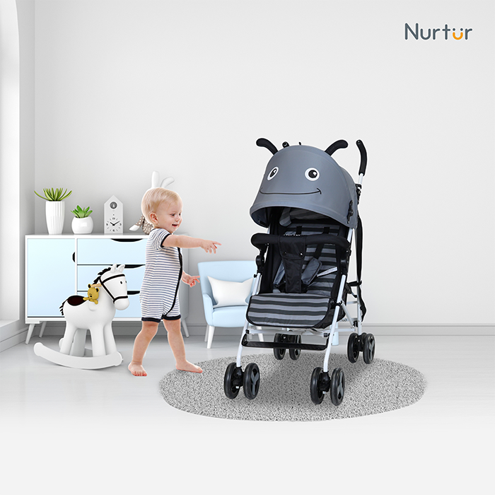 Nurtur Luca Character Baby/Kids Lightweight Stroller 0 36 Months, Storage Basket, Detachable Bumper, 5 Point Safety Harness, Compact Design with shoulder strap Grey