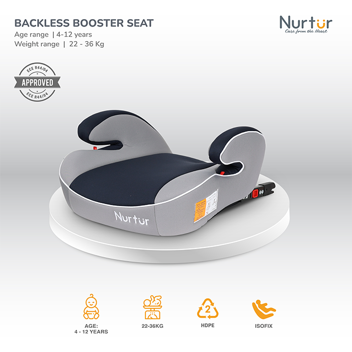 Nurtur Enzo Kids Booster Car Seat - Arm Rest Seat, Blow up Narrow Backless Booster Car Seat for Travel, Suitable from 4 years to 12 years (Group 2/3) - Grey Multi