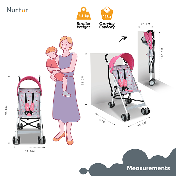 Nurtur Rex Lightweight Stroller – Compact Fold, Sun Canopy, Shoulder Strap, Airflow Design, Portable Buggy for Toddlers 6-36 Months, Easy Fold, - Pink / Grey
