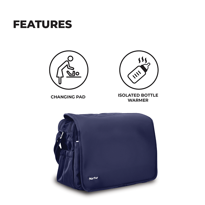 Nurtur Metro Messenger Diaper Bag Fashion Tote Bag Multifunction Travel Bag with insulator bottle warming pocket and changing pad - Navy