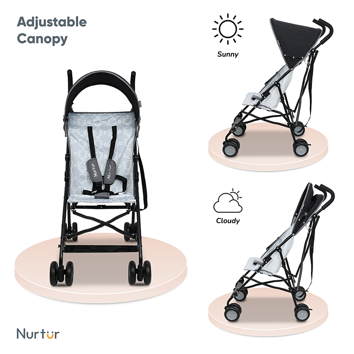 Nurtur Rex Lightweight Stroller – Compact Fold, Sun Canopy, Shoulder Strap, Airflow Design, Portable Buggy for Toddlers 6-36 Months, Easy Fold, - Black / Grey