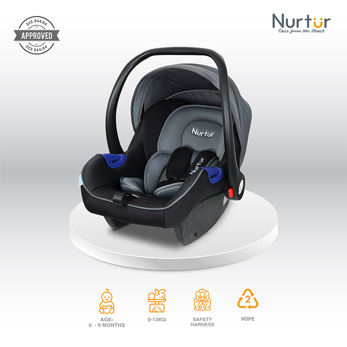 Nurtur Nemo Baby Carrier - Adjustable Canopy and Handle - Extra Protection – 3 -Point Safety Harness - Suitable from 0 months to 12 months, Upto 13kg, Grey Multi