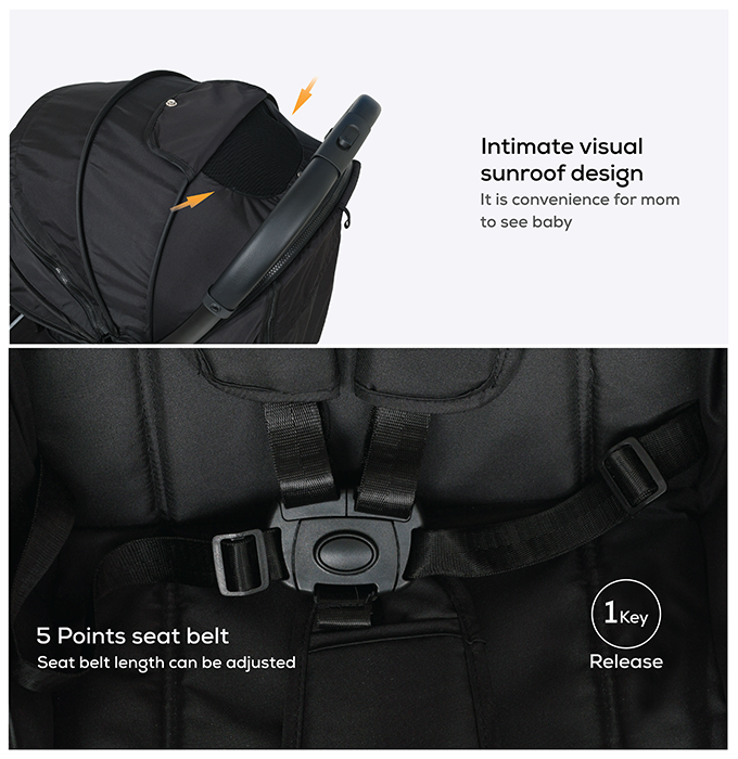 Nurtur Aspen Baby Stroller 0 to 36 months, Storage Basket, Leatherette details, One -hand fold design, 5 Point Safety Harness, EVA wheels - Black/Grey