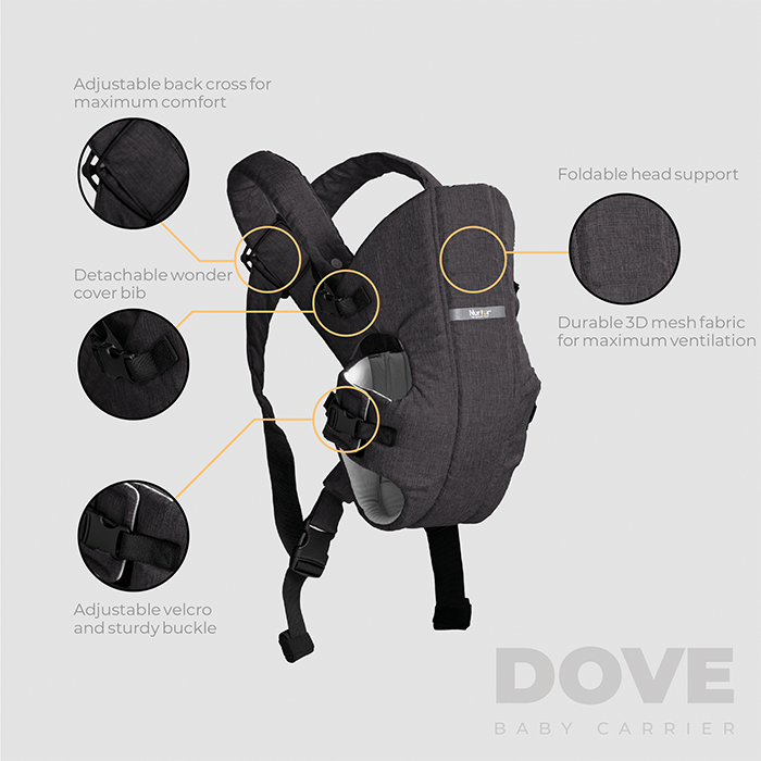 Nurtur Dove Deluxe Infant Baby Carrier – Premium Fabric, Dual-Facing Comfort, Adjustable Cushioned Straps, & Built-In Baby Bib - Black