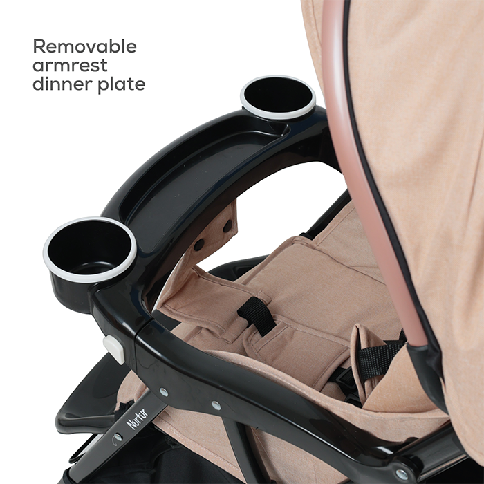 Nurtur Bliss Ultra Compact Lightweight Baby Travel Stroller with Storage Basket, Detachable Food Tray, Reclining Seat and Leg Rest, 0-36 Months, Sand