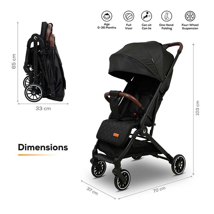 Nurtur Bravo Plus Baby Stroller 0 to 36 months, Storage Basket, Leatherette details, One -hand fold design, 5 Point Safety Harness, EVA wheels - Black