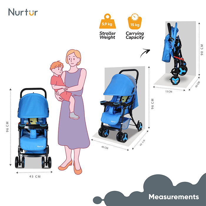 Nurtur Ryder Ultra Compact Lightweight Baby Travel Stroller with Storage Basket, Detachable Food Tray, Reclining Seat and Leg Rest, 0-36 Months, , Light Blue Printed