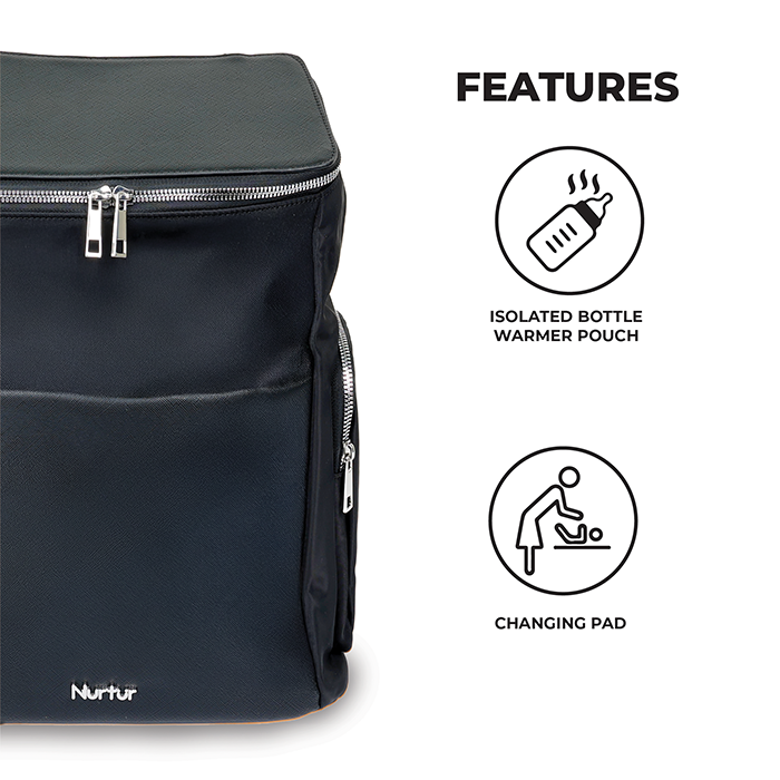 Nurtur Aura Maternity Diaper Bag PU Leather and Nylon Fashion Bagpack Bag Multifunction Travel Bag with insulator bottle warming pocket and changing pad - Black