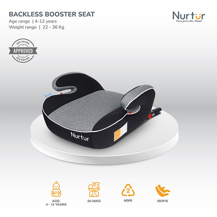 Nurtur Enzo Kids Booster Car Seat - Arm Rest Seat, Blow up Narrow Backless Booster Car Seat for Travel, Suitable from 4 years to 12 years (Group 2/3) - Grey Multi