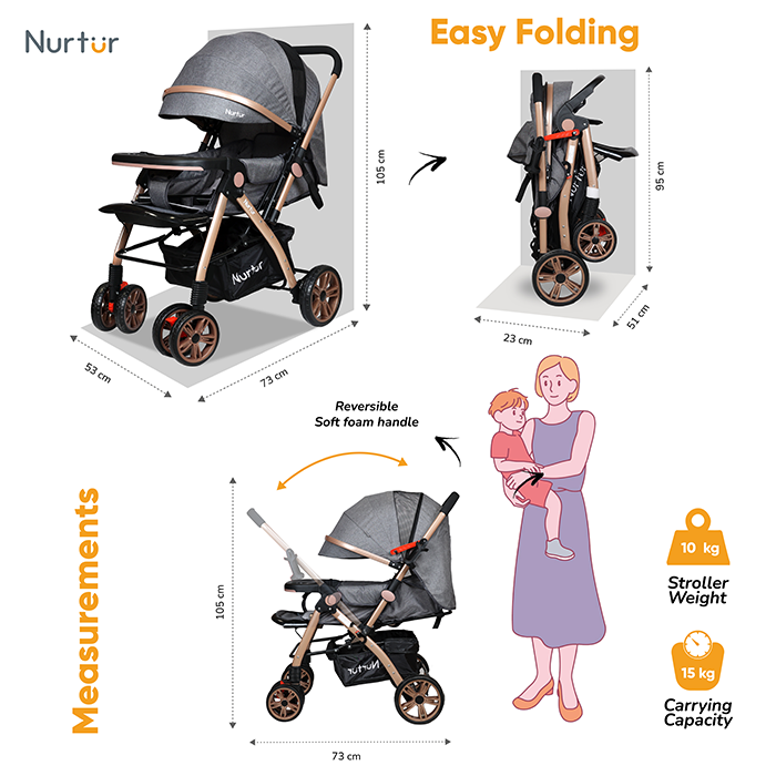 Nurtur Wilder Reversible Baby/Kids Travel Stroller 5 Point Safety Harness, Adjustable Backrest and Canopy, Reversible Handle, Grey