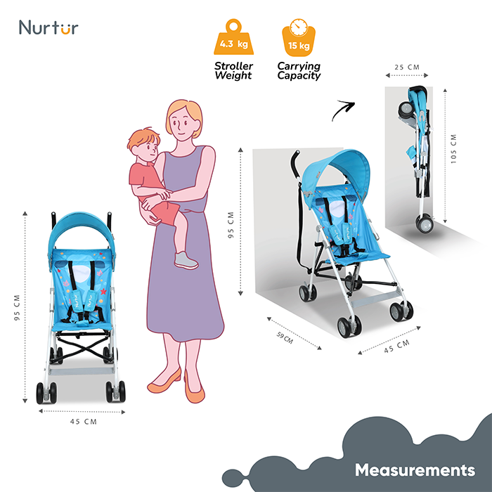 Nurtur Rex Lightweight Stroller – Compact Fold, Sun Canopy, Shoulder Strap, Airflow Design, Portable Buggy for Toddlers 6-36 Months, Easy Fold, - Light Blue