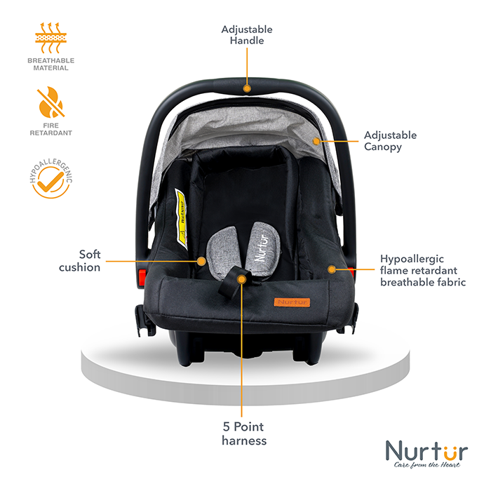 Nurtur Plus Travel System - Stroller with Baby Carrier, 0 36 months, Storage Basket, Detachable Bumper, 5 Point Safety Harness, Compact Foldable Design, Grey