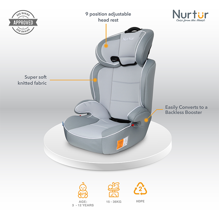 Nurtur Jupiter Baby/Kids 3-in-1 Car Seat + Booster Seat - Adjustable Backrest - Extra Protection - 5-Point Safety Harness - 9 months to 12 years (Group 1/2/3), Upto 36kg - White