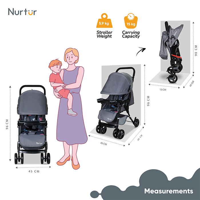 Nurtur Ryder Ultra Compact Lightweight Baby Travel Stroller with Storage Basket, Detachable Food Tray, Reclining Seat and Leg Rest, 0-36 Months, , Grey Printed