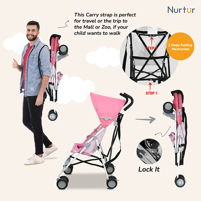 Nurtur Rex Lightweight Stroller – Compact Fold, Sun Canopy, Shoulder Strap, Airflow Design, Portable Buggy for Toddlers 6-36 Months, Easy Fold, - Pink