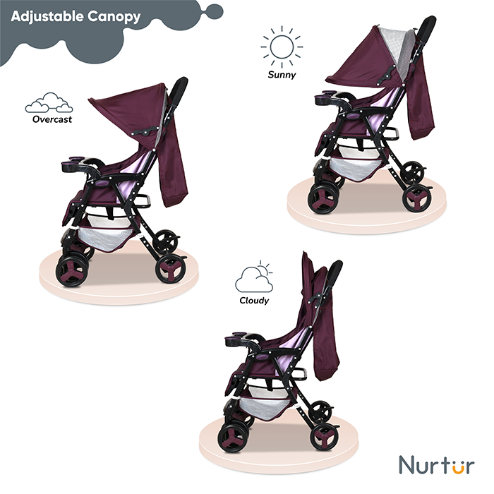 Nurtur Ryder Ultra Compact Lightweight Baby Travel Stroller with Storage Basket, Detachable Food Tray, Reclining Seat and Leg Rest, 0-36 Months, , Burgundy Printed