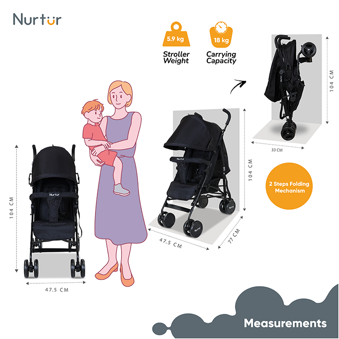 Nurtur Archer Baby/Kids Lightweight Travel Stroller 0 36 Months, Storage Basket, Detachable Bumper, 5 Point Safety Harness, Compact Design, Black