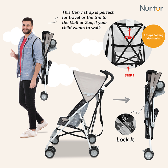 Nurtur Rex Lightweight Stroller – Compact Fold, Sun Canopy, Shoulder Strap, Airflow Design, Portable Buggy for Toddlers 6-36 Months, Easy Fold, - Sand / Black