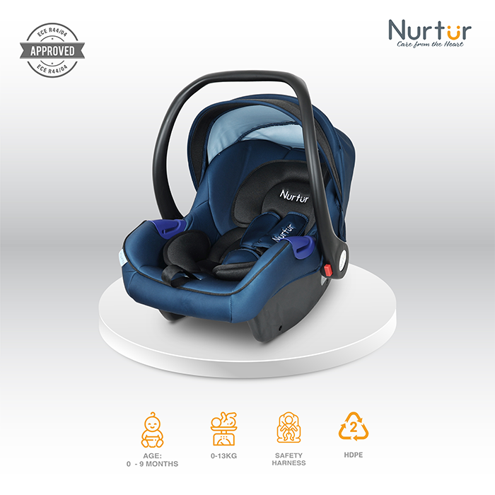Nurtur Nemo Baby Carrier - Adjustable Canopy and Handle - Extra Protection – 3 -Point Safety Harness - Suitable from 0 months to 12 months, Upto 13kg, Black/Blue
