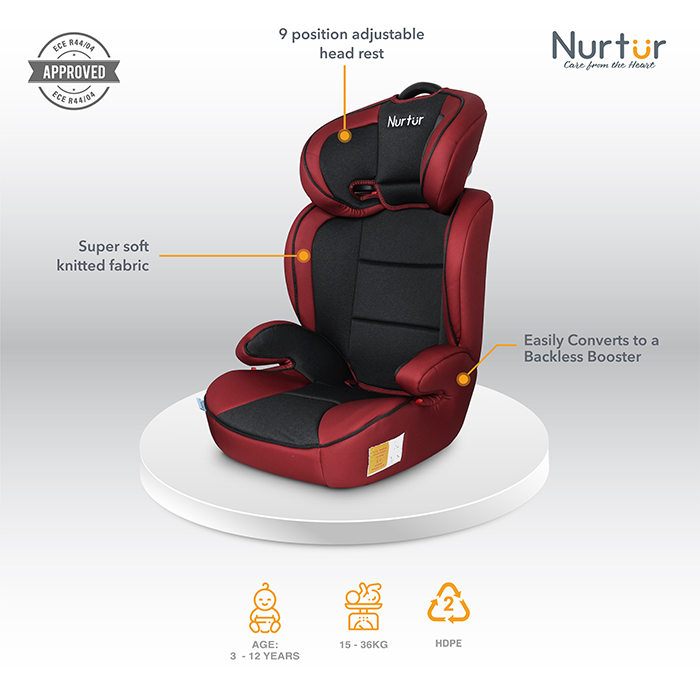 Nurtur Jupiter Baby/Kids 3-in-1 Car Seat + Booster Seat - Adjustable Backrest - Extra Protection - 5-Point Safety Harness - 9 months to 12 years (Group 1/2/3), Upto 36kg - Red Multi