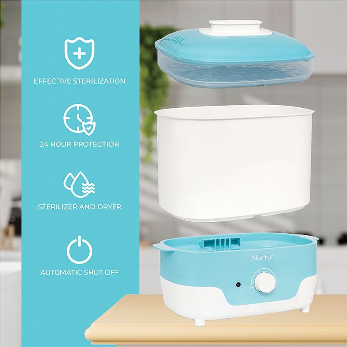 Nurtur Steri Modular Sterilizer dryer, Auto Steam and Dry baby bottles and accessories, 8 bottle capacity, mnodular design, auto shut off, UK Plug, led Timer Function