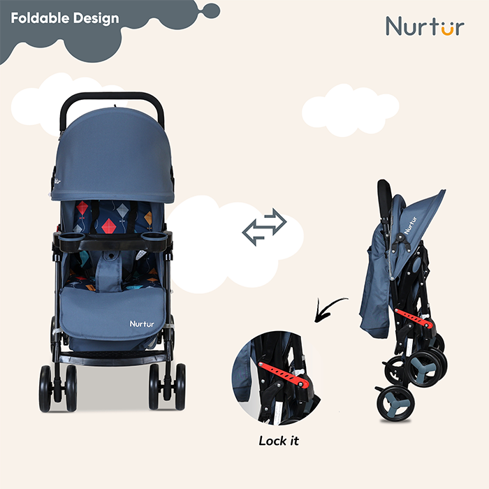 Nurtur Ryder Ultra Compact Lightweight Baby Travel Stroller with Storage Basket, Detachable Food Tray, Reclining Seat and Leg Rest, 0-36 Months, , Navy Printed