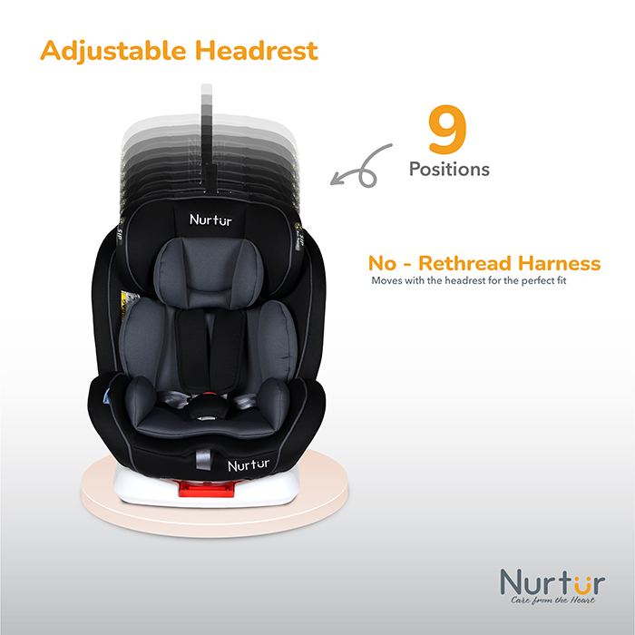 Nurtur Ultra Baby/Kids 4-in-1 Car Seat - 360° Rotation - ISOFIX – 9-Level Adjustable Headrest and Canopy - 0 months to 12 years (Group 0+/1/2/3), Upto 36kg - Black Multi