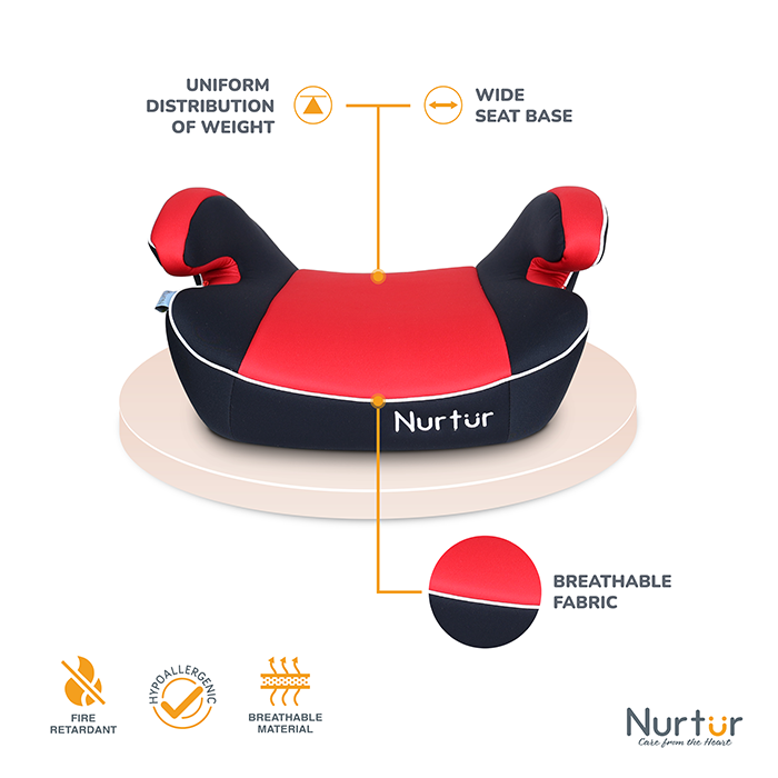 Nurtur Enzo Kids Booster Car Seat - Arm Rest Seat, Blow up Narrow Backless Booster Car Seat for Travel, Suitable from 4 years to 12 years (Group 2/3) - Red