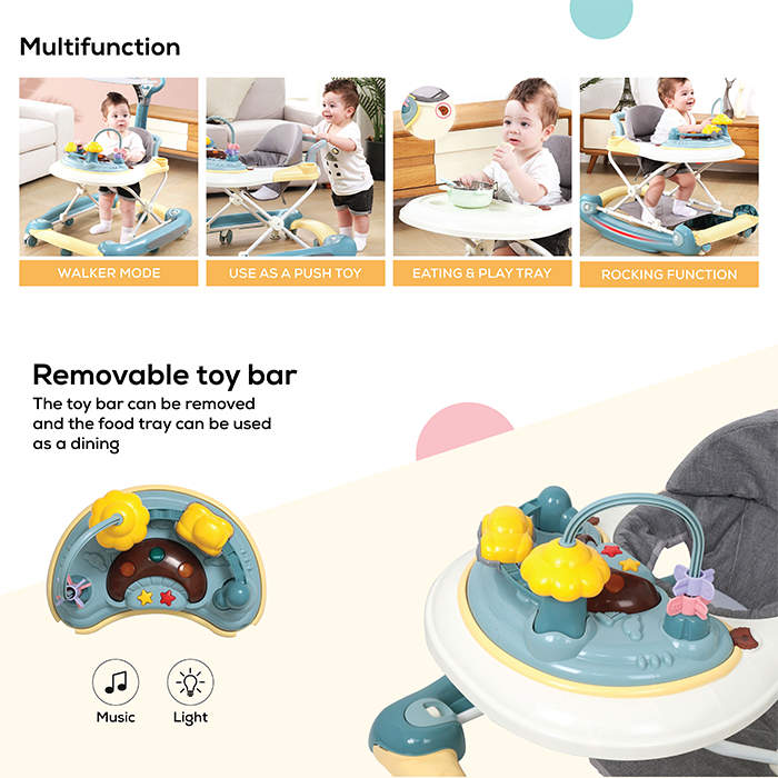 Nurtur 2 In 1 Baby Walker, Music, 5 Height Adjustments W/Canopy - Blue